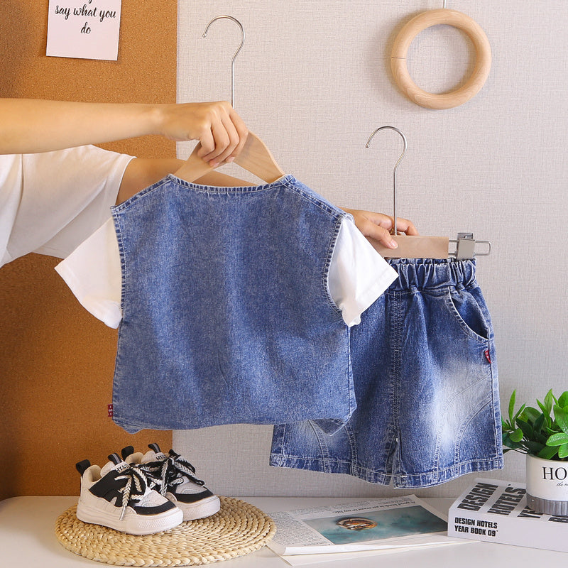 Boys' Summer Outfit 2026 New Fashionable Embroidered Letter Baby Clothes Short Sleeve Shorts Three-Piece Set Trendy