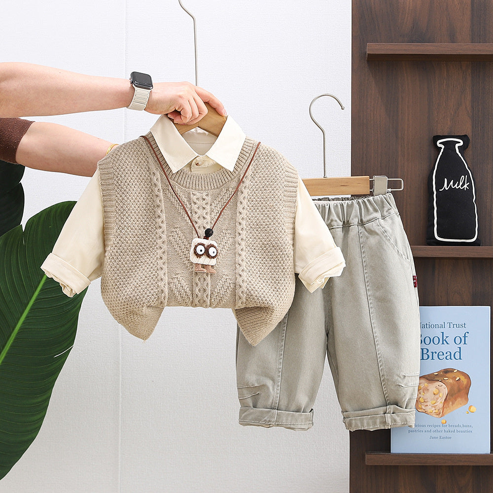 Baby boy spring outfit set, stylish handsome toddlers, 2-piece baby clothing for 1-3 years old, with pendant and sweater, trendy three-piece set
