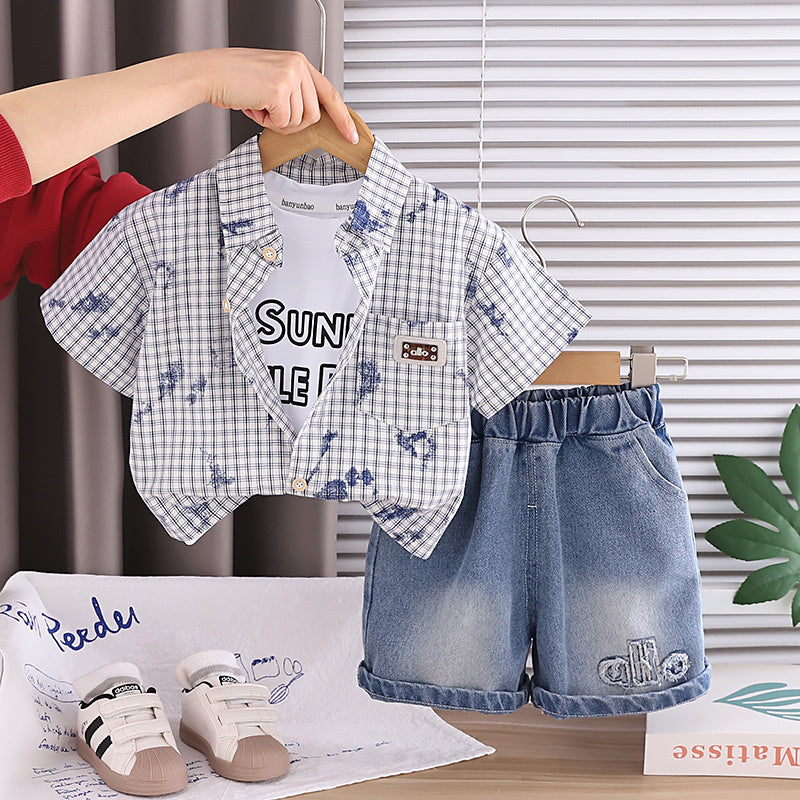 Boys' Short-Sleeve 2026 New Stylish Baby Summer Clothes Fashionable Plaid Shirt Three-Piece Set Trendy