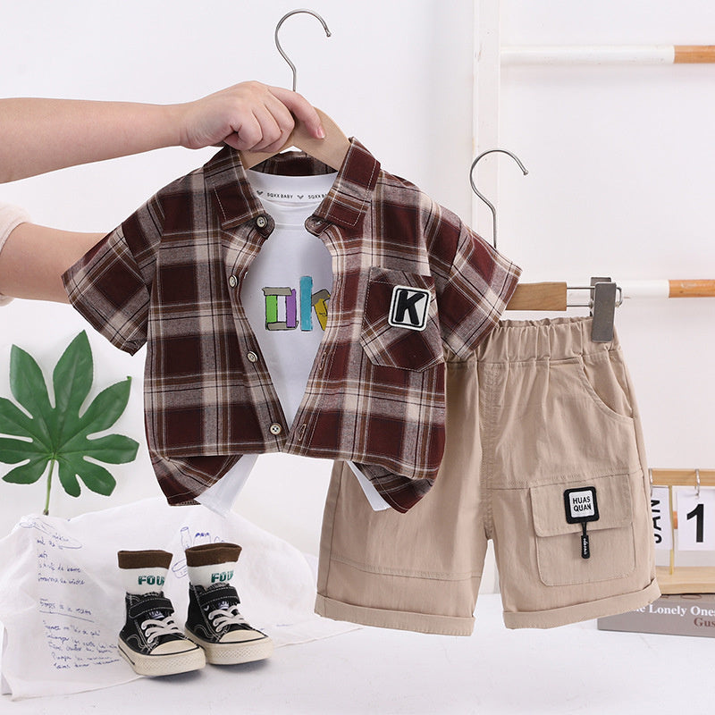 Boys' Outfit 2026 New Cool and Stylish Sports Set for Young Children, Thin Plaid Short-Sleeve Shirt Three-Piece Summer Trend