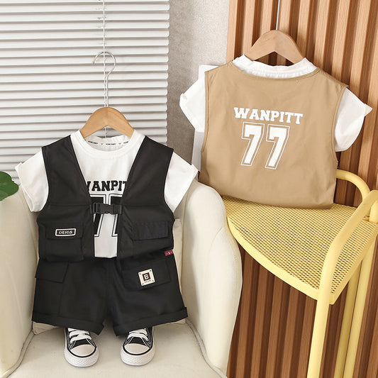 Boys' Outfit Set 2026 New Style Young Children, Short-Sleeve Vest Three-Piece Set, Stylish and Cool for Babies in Summer