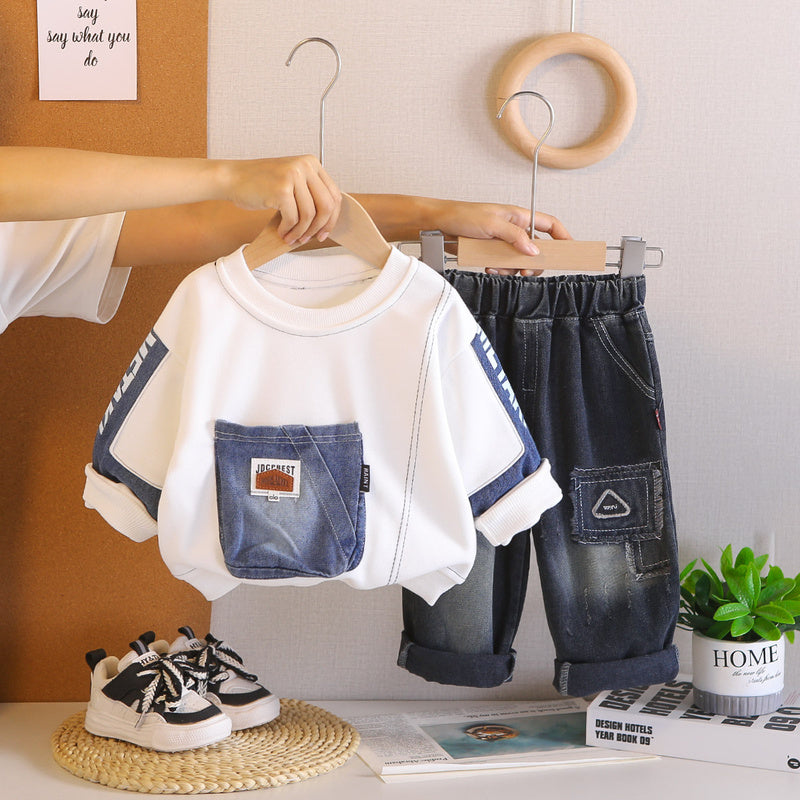 2026 New Spring Autumn Outfit Baby Boys: Denim Big Pocket Sweatshirt Set, Stylish Long-Sleeve Two-Piece Set for Infants and Children