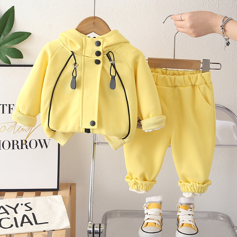 2026 Spring Autumn New Boys and Girls Striped Zipper Hooded Sports Solid Color Children's Clothing Three-Piece Set