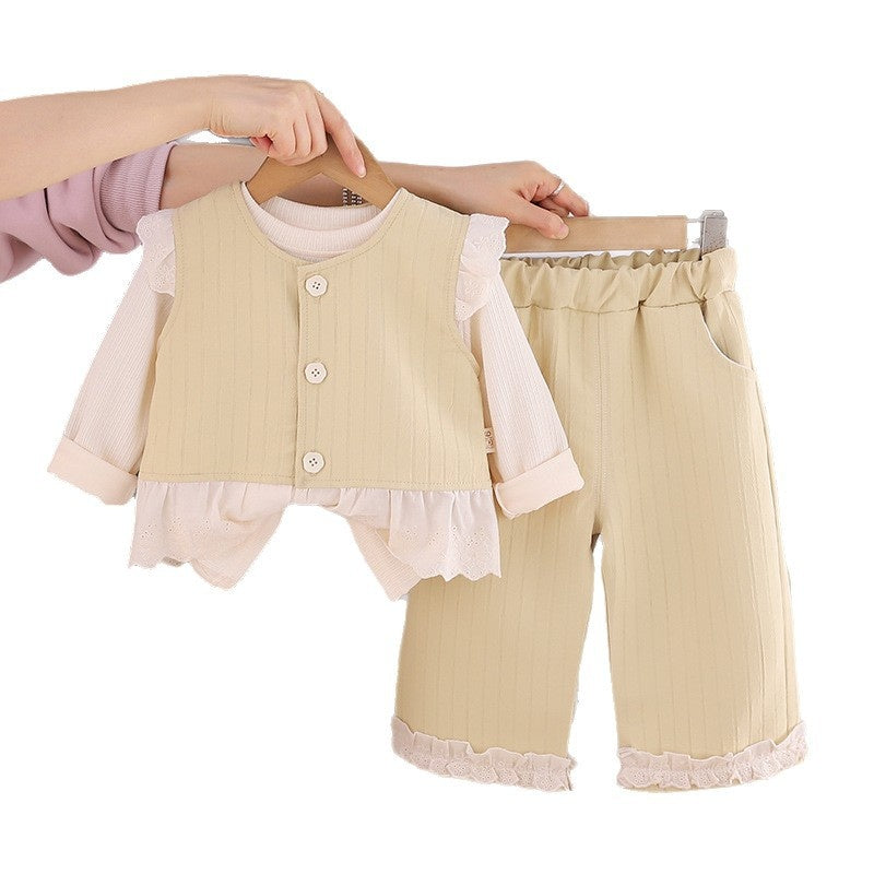 Stylish Spring and Autumn Outfit for Girls, 2026 New Korean Fashionable Baby Girl Lace Vest Three-Piece Set