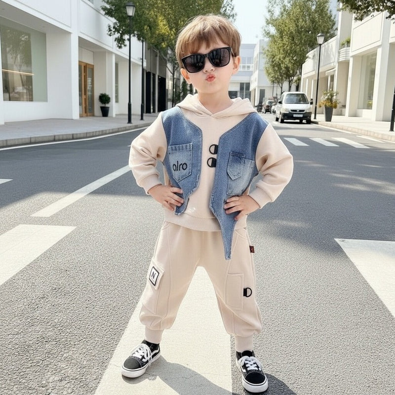 Children's clothing for spring and autumn, boys' denim fake vest two-piece toddler hooded sweatshirt top set, baby clothes
