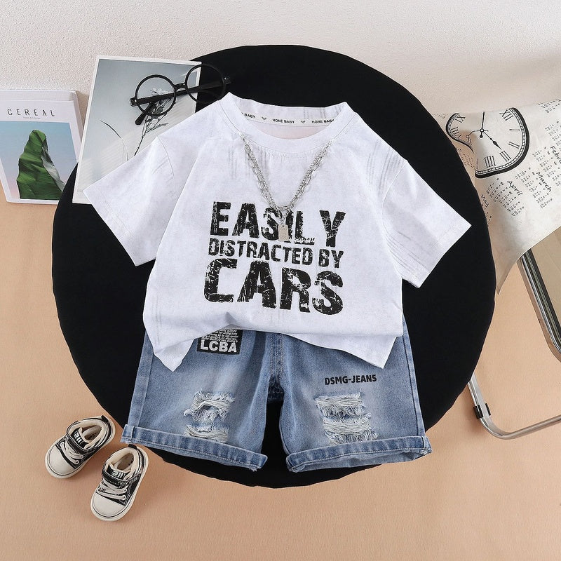 Children's Summer 2026 New Set: Tie-Dye Letter Print Short-Sleeve T-Shirt with Chain, Two-Piece Outfit for Boys