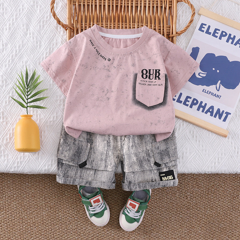 Boys' Pocket Short Sleeve Set 2026 New Style Toddler Casual Wear Baby Children's Summer Thin Infant Trendy Clothes