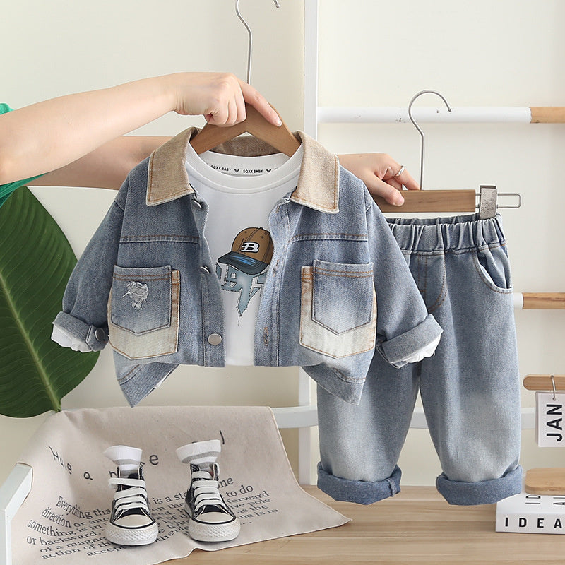 Boys' Double Pocket Denim 2025 New Korean Version Children's Soft Jacket for Young Middle-aged Children Spring and Autumn Three-piece Set