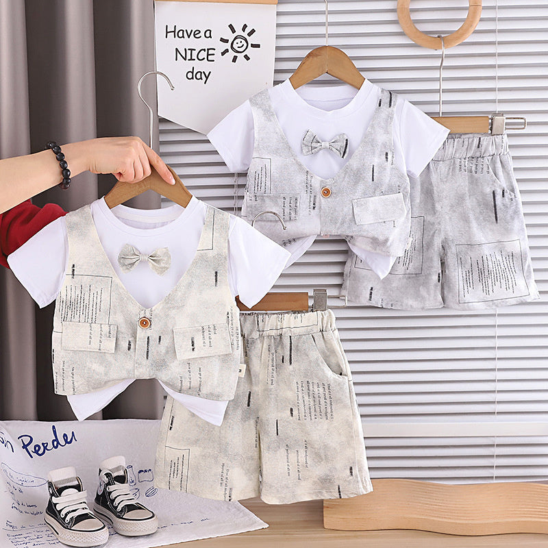 Boys' Outfit 2026 New Short-Sleeve Children's Clothing Baby Summer Bow Tie Vest Fake Three-Piece Trendy Set