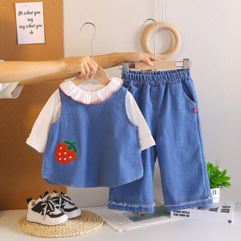 Girls' Spring Outfit 2026 New Fashionable Baby Girl Casual Clothes Children's Strawberry Embroidered Denim Three-Piece Set
