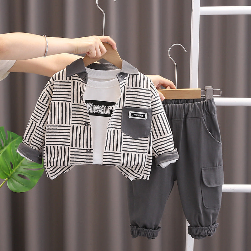 Boys' Trendy Clothing 2 Spring and 1 Year Old 3 Baby Autumn Striped Shirt Three-Piece Set Infant Children's Clothes 4