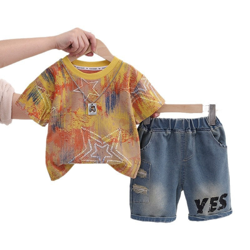 Boys' Summer 2026 New Chain Star Round Neck Short Sleeve Two-Piece Set, Stylish and Fashionable Children's Clothing