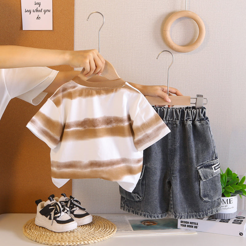 Boys' Outfit Baby Summer Short Sleeve 2026 New Fashionable Wide Stripe Letter Two-Piece Set for Toddlers