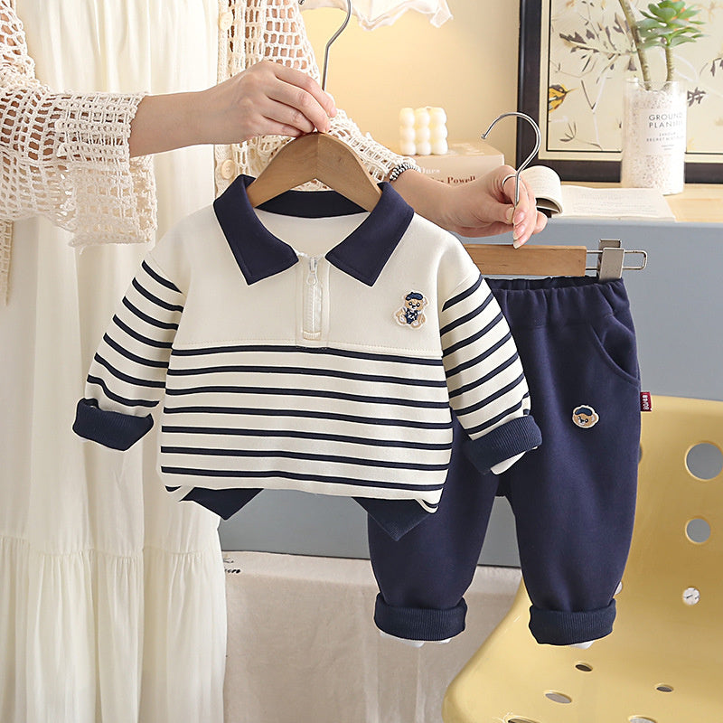 Baby Boy Outfit Set 1-3 Years Old, Korean Style Half-Zip Striped Bear Two-Piece Set, Boys' Infant Clothes for Spring and Autumn