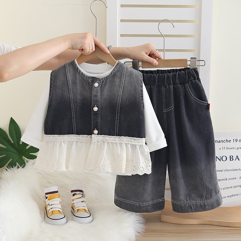 Girls' fashion stylish children's clothing, and autumn outfit, vest, lace skirt three-piece set, baby spring trendy clothing