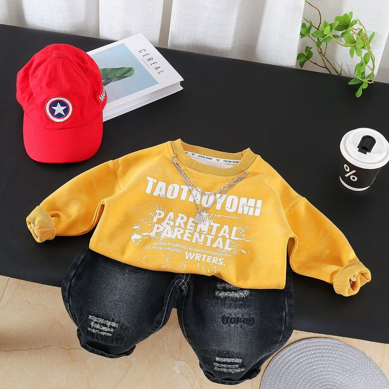 Boys' Suit 2026 New Stylish English Sweatshirt for Children, Outfit, Baby Clothes, Spring and Autumn Two-Piece Set