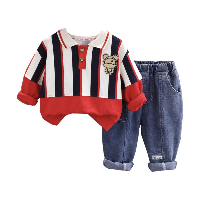 Boys' Spring Outfit 2025 New Stylish Toddler Boys and Girls Baby Striped Long Pants Two-Piece Set Wholesale