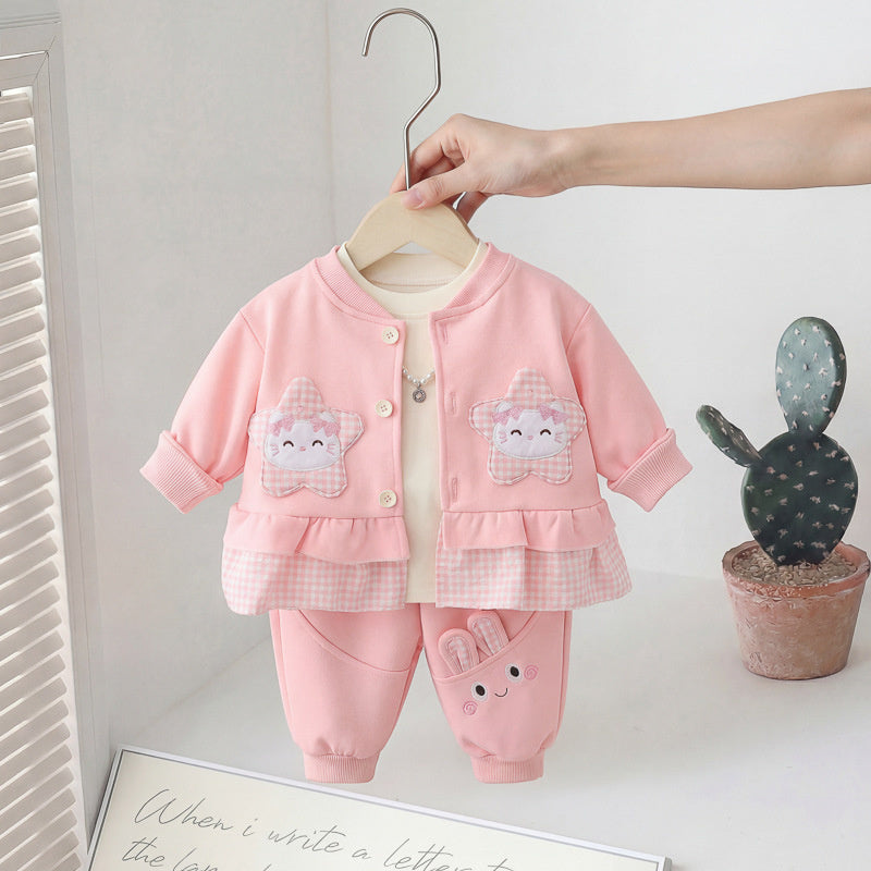 Girls' Autumn 2, Children's Clothing, Fashionable Girl's Star and Cat Three-Piece Set, Spring Outfit for 1-Year-Old Baby Girl