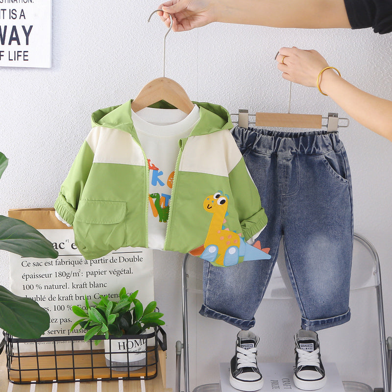 Boys' Spring and Autumn Outfit 2026 New Fashionable Children's Dinosaur Zipper Three-Piece Set Baby Cartoon Long-Sleeve Jacket