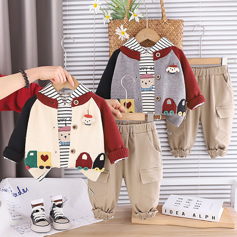 Boys' and Autumn Color-Block Car Three-Piece Set Infant Cartoon Casual Outfit for 1-4 Year Olds Baby Spring Clothes