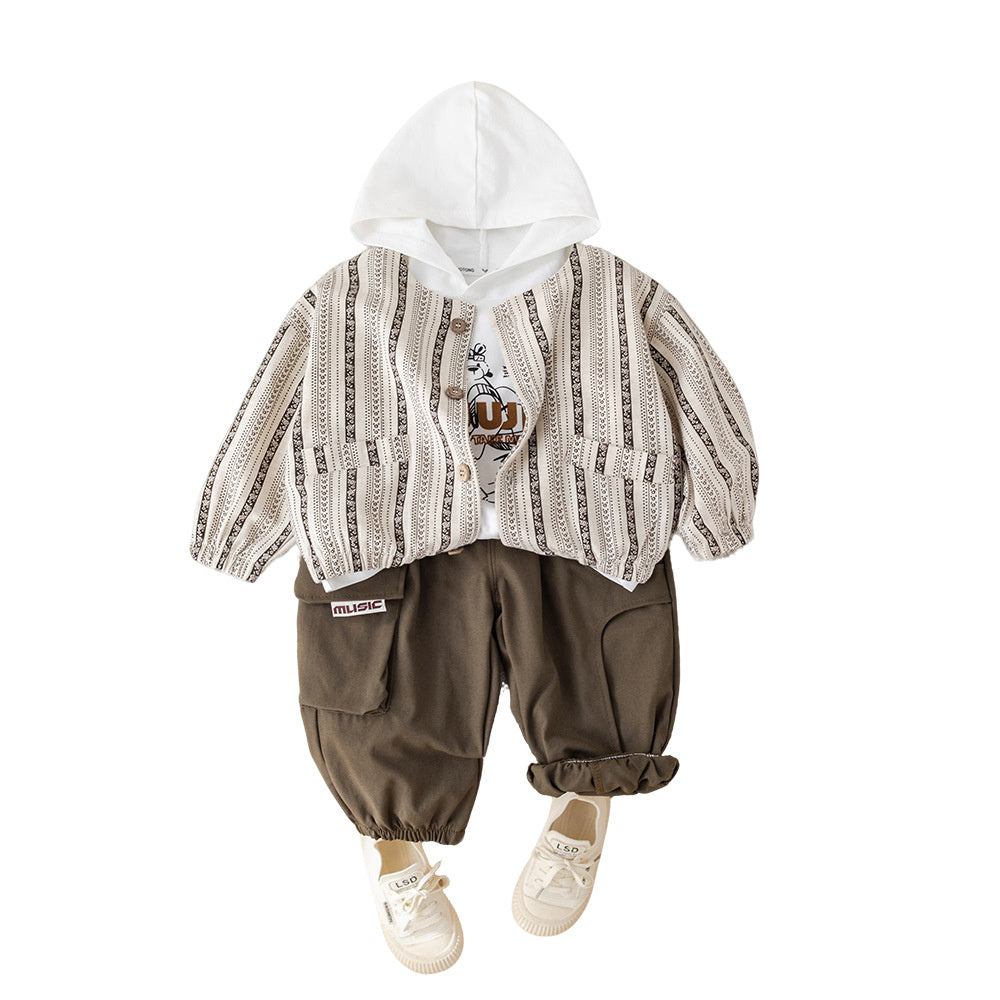 Boys' Outfit 2026 New Style Baby Boy Infant Children's Spring and Autumn Stylish Vertical Stripe Hooded Bear Cardigan Three-Piece Set