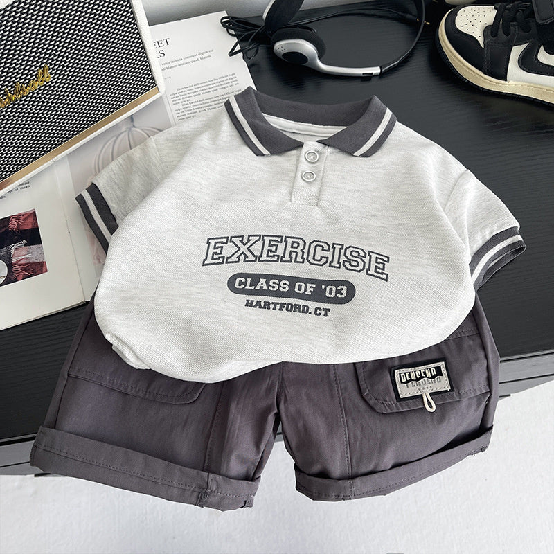 Children's clothing for boys, suit 2026 new model, baby outfit with letter print on the placket, short-sleeved boys' summer clothes, trendy