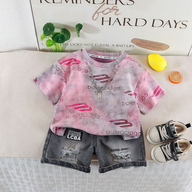 Children's Clothing Boys' 2026 Summer Chain Letter Short Sleeve Stylish Denim Shorts Baby Two-Piece Set Trendy