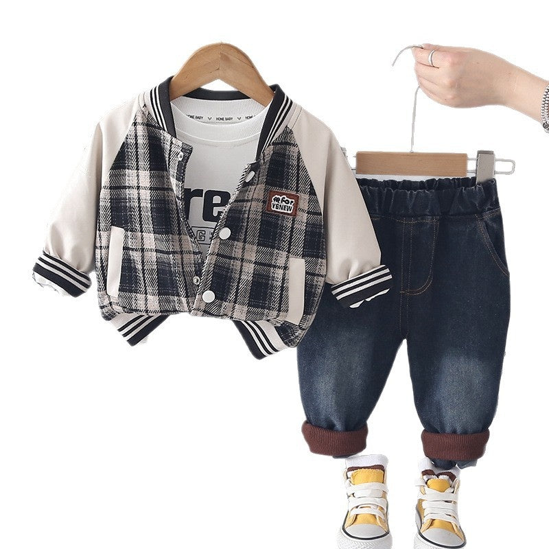 Boys' Spring Outfit Set, Stylish and Trendy 2026 New Clothes, Baby Boy Plaid Jacket Three-Piece Set