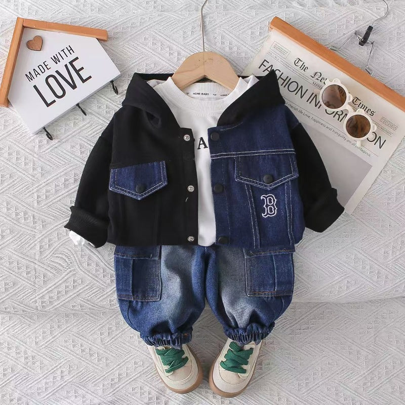 New autumn clothing children 1-3-4 years old, stylish denim color-block letter three-piece set for boys, toddler outfit, baby 2