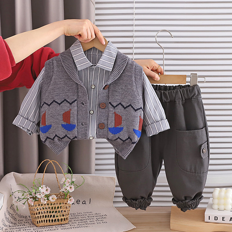 Boys' Outfit 2026 New Children's Sweater Sailing Clothes Stylish Spring Vest Three-Piece Set for Boys