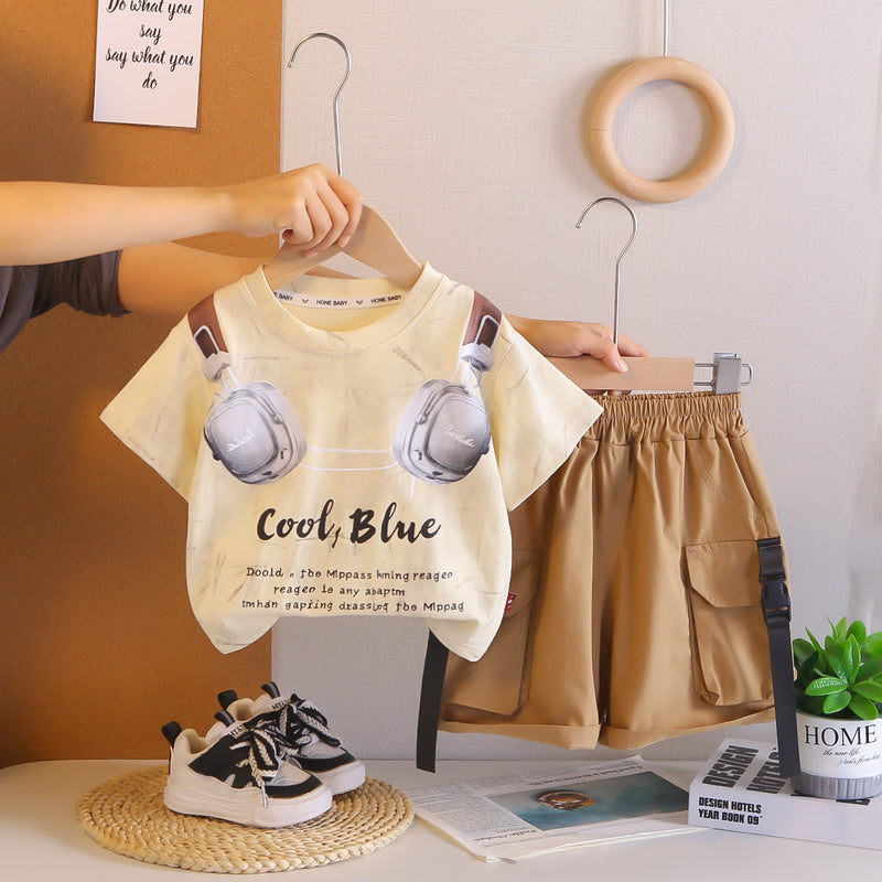 Boys' 2026 New Fashionable Children's Headphone Print Round Neck Short Sleeve Two-Piece Set Baby Summer Thin Trendy Outfit