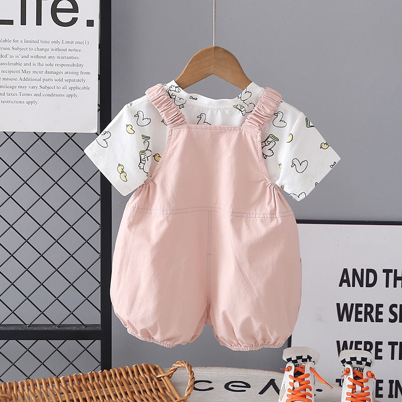 Boys and girls short-sleeve 2026 new summer fashionable children's clothing duckling suspender two-piece set