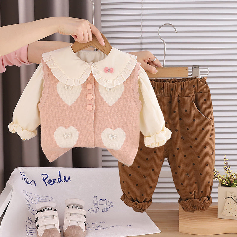 Girls' Autumn Fashionable Outfit, 2-piece for Toddlers and Infants, 1-3 Years Old Baby Girl Spring Clothes, Heart-patterned Sweater Three-piece Set