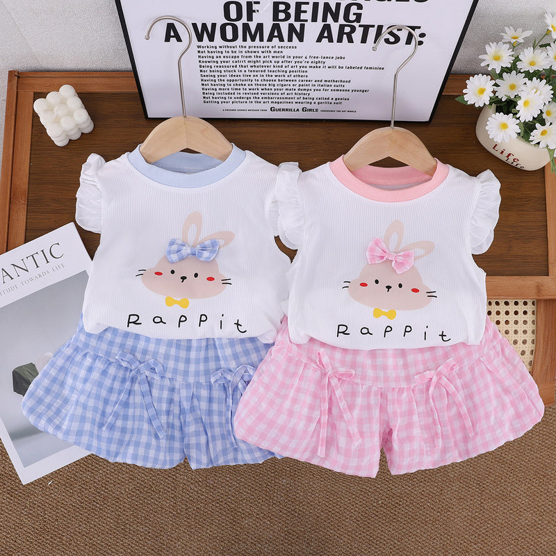Girls' Summer New Outfit: Cute Baby Girl Set with 3D Bow, Little Rabbit, Flutter Sleeves, and Bowknot Bloomers