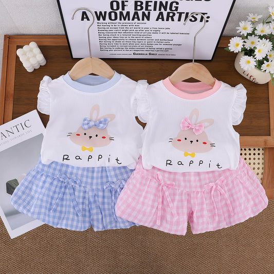 Girls' Summer New Outfit: Cute Baby Girl Set with 3D Bow, Little Rabbit, Flutter Sleeves, and Bowknot Bloomers