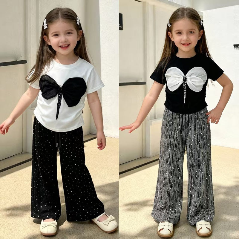 Girls' Outfit 2026 New Stylish Children's Summer Baby Girl Dragonfly Rhinestone Short Sleeve Long Pants Two-Piece Set