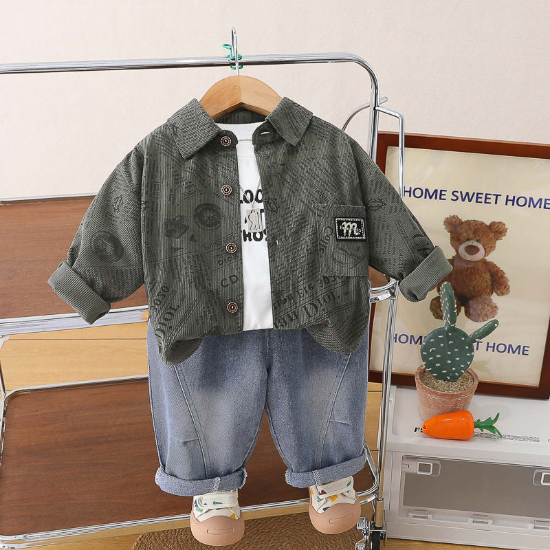 Outfit 2026 New Children's Jacket Boys' Spring and Autumn Stylish Baby Lapel Letter Three-Piece Set