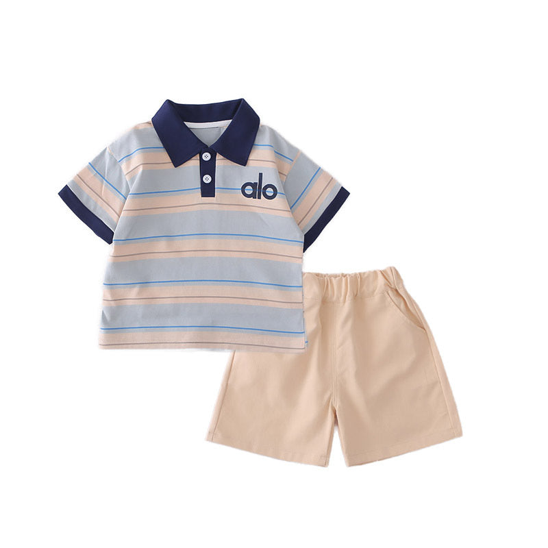 Children's short-sleeve set with striped placket shirt, boys' t-shirt, baby summer clothing, shorts, infant clothes, new trendy style