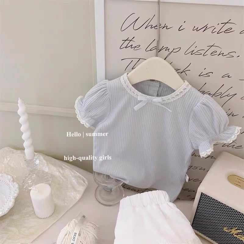 Girls' 2026 Summer New Cream Blue Top Short Sleeve Ballet Lace Skirt Baby Girl Korean Style Outfit