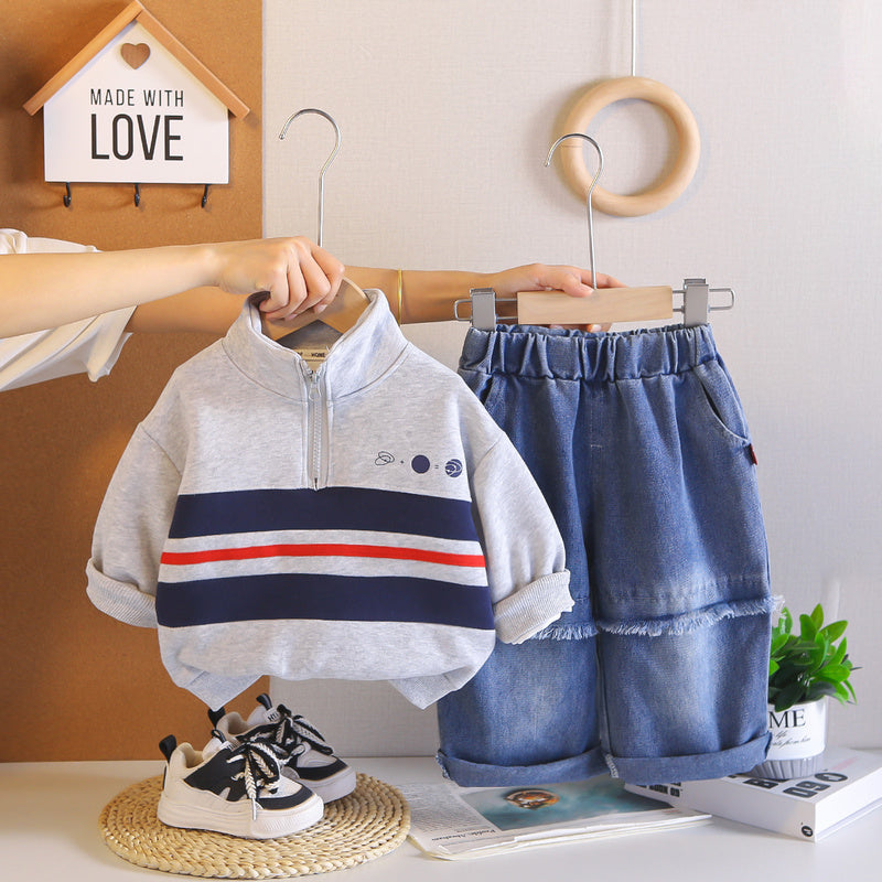Children's 2026 Spring and Autumn New Korean Style Boys' Fall Outfit Stand Collar Half-Zip Sweatshirt Baby Two-Piece Set Trendy