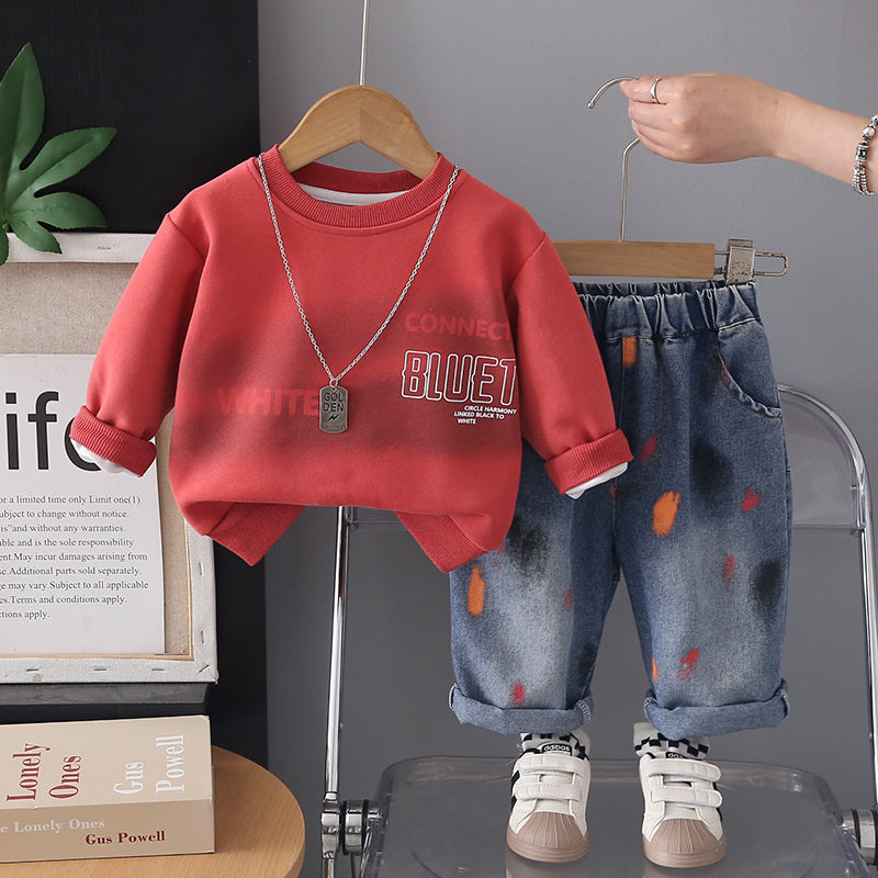 Boys' Spring and 2026 New Korean Version English Sweatshirt Two-Piece Set for Children, Baby Autumn Casual Long Sleeve Trendy Outfit