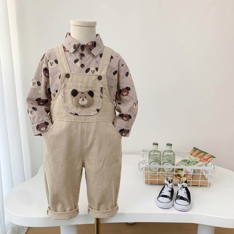 Boys' Outfit 2026 New Children's Spring Autumn Full-Print Puppy Shirt and Overalls Two-Piece Set for Trendy Babies
