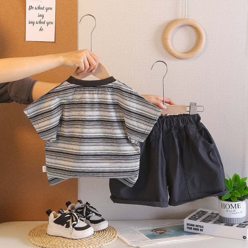Boys' Outfit 2026 New Style Children's Striped Rabbit Short Sleeve Fashionable Baby Summer Clothes Two-Piece Set Trendy
