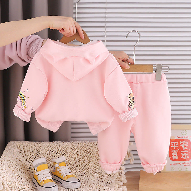 Girls' Outfit 2026 New Fashionable Rainbow Rabbit Hoodie Three-Piece Set Baby Spring Clothes Infant Trendy