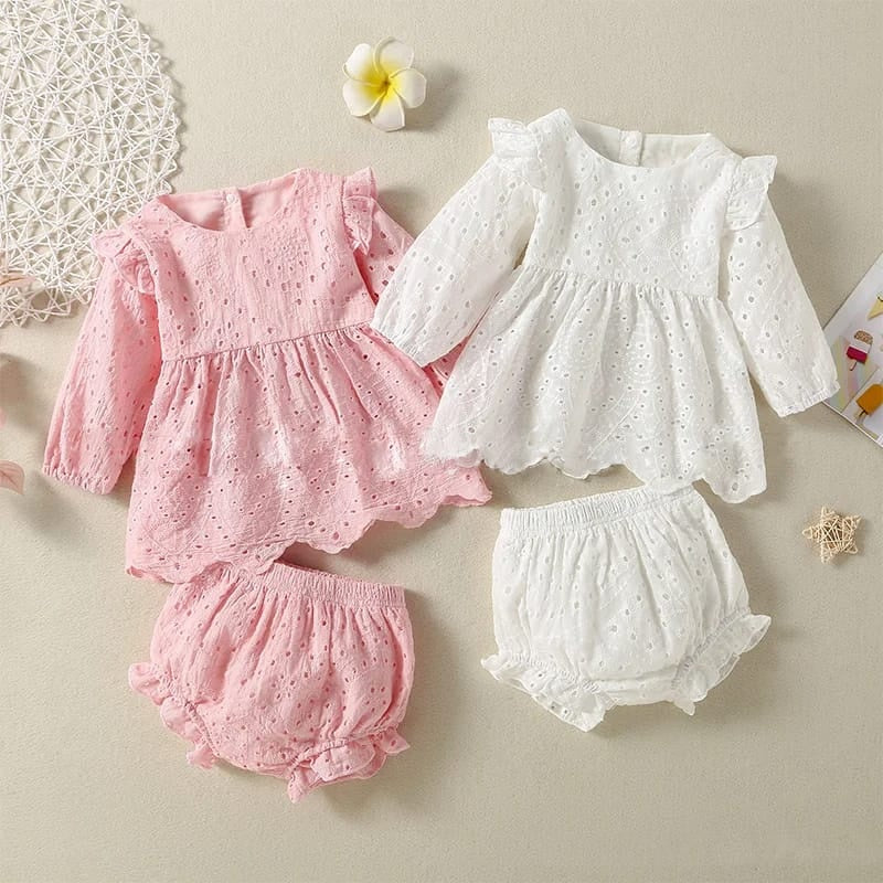 Cross-border infant cotton dyed pink and white long-sleeved dress + shorts two-piece set AL064 #