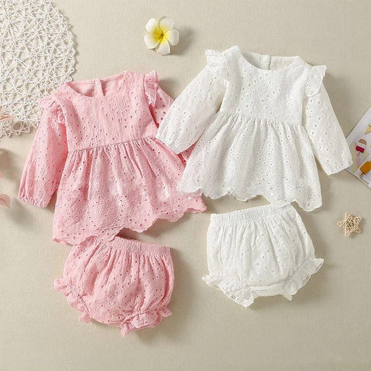 Cross-border infant cotton dyed pink and white long-sleeved dress + shorts two-piece set AL064 #