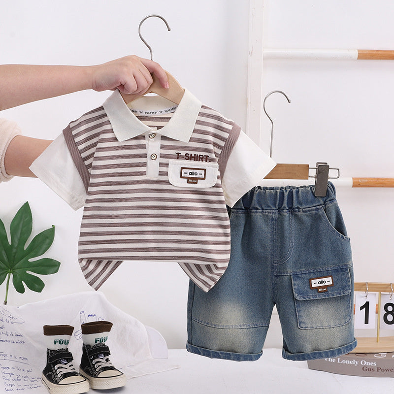 Boys' Outfit 2026 New Style Toddler Striped Pocket Short-Sleeve Polo Shirt Baby Summer Two-Piece Set