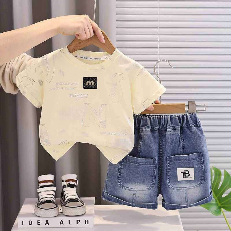 Boys' Summer Outfit 2026 New Style: Toddler Letter Chest Patch Round Neck Short Sleeve Shorts Baby Two-Piece Trendy Set