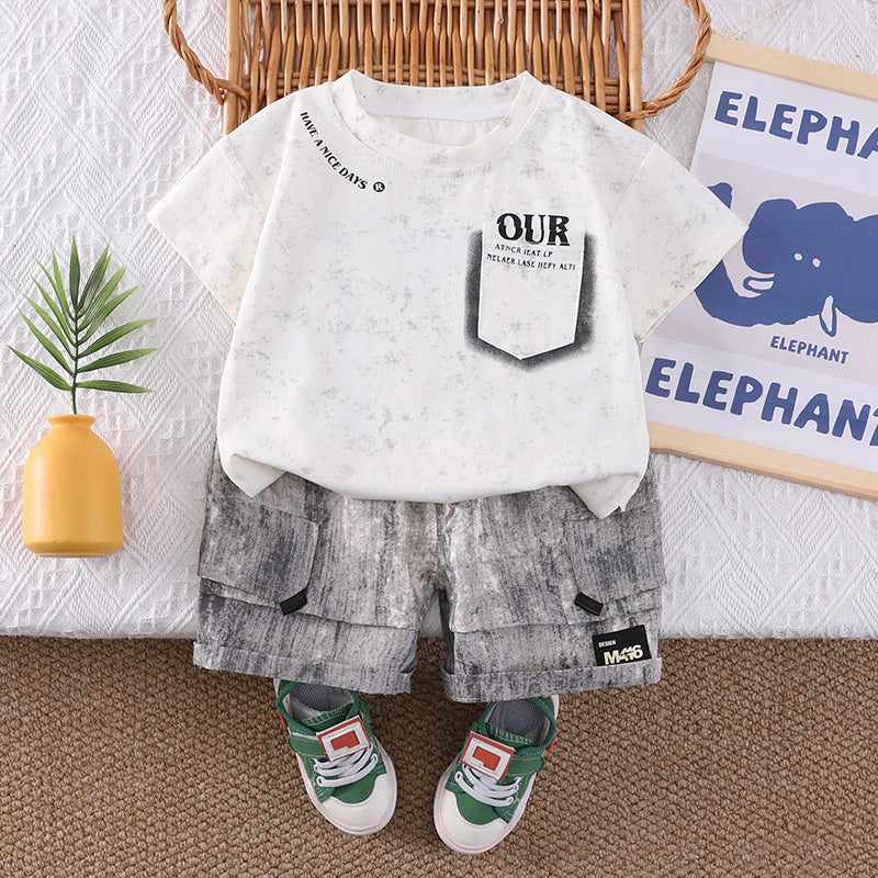 Boys' Pocket Short Sleeve Set 2026 New Style Toddler Casual Wear Baby Children's Summer Thin Infant Trendy Clothes