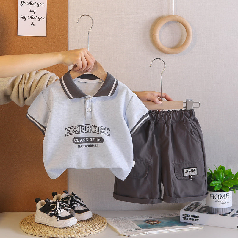 Children's clothing for boys, suit 2026 new model, baby outfit with letter print on the placket, short-sleeved boys' summer clothes, trendy